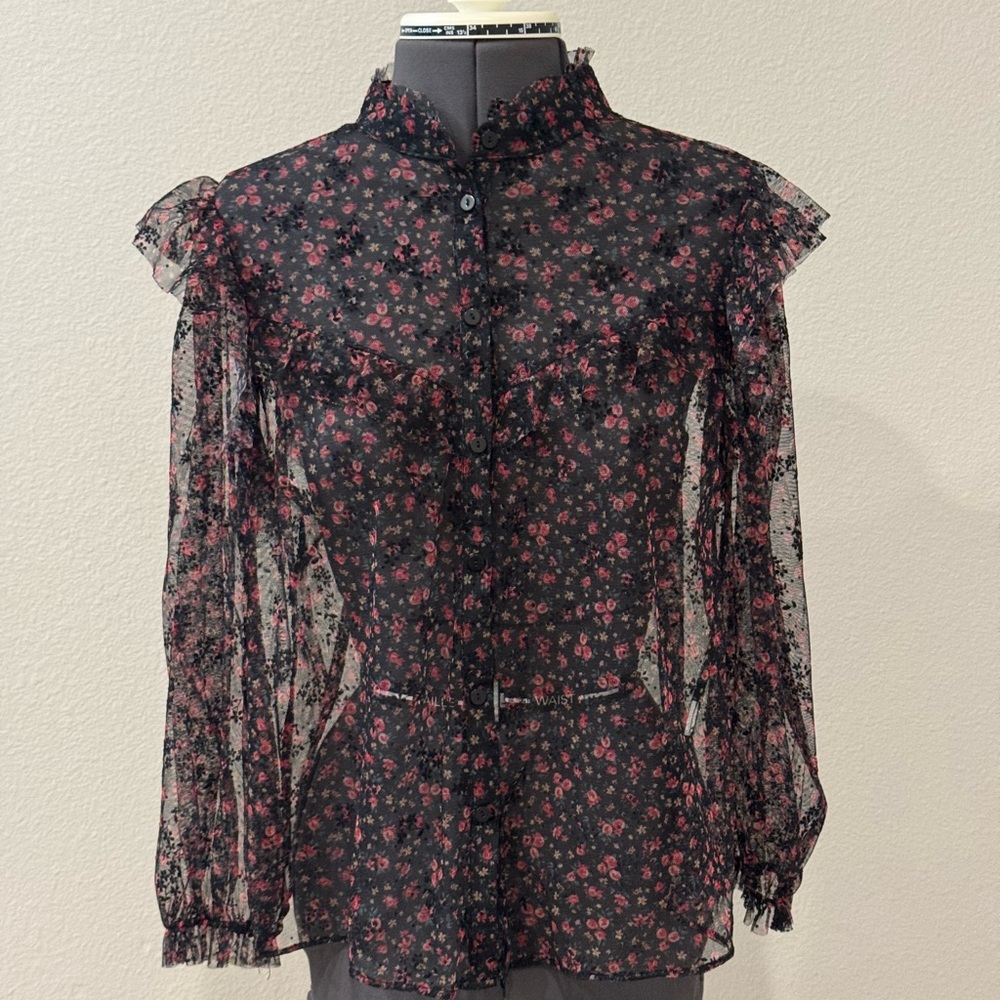 Zara Black Sheer Floral Blouse with Pink Rose Print
